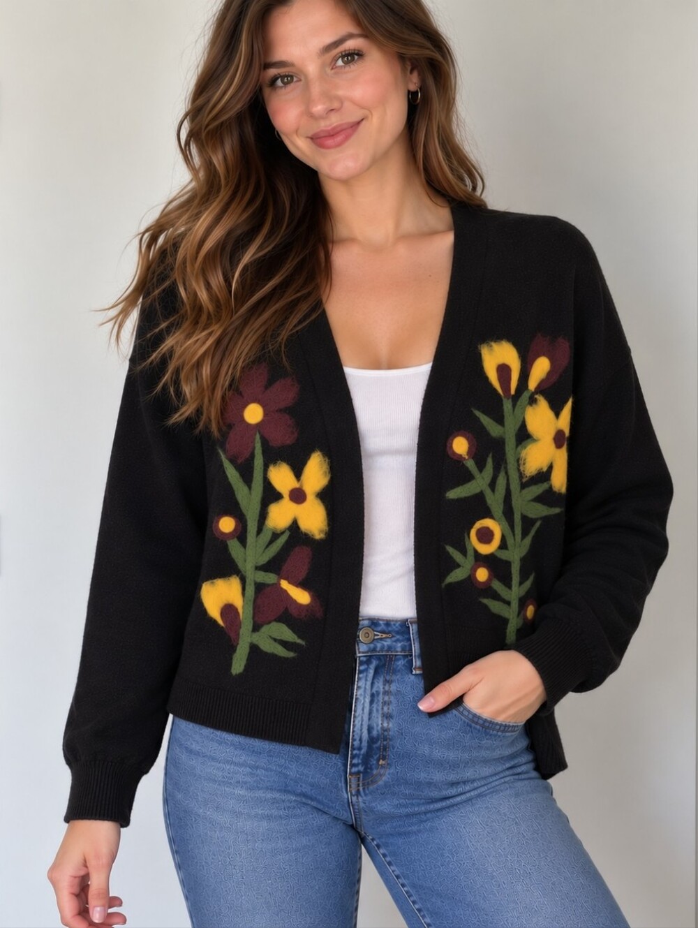 Aveda Black Floral Embroidered Open Cardigan Sweater - Black/Yellow/Brown